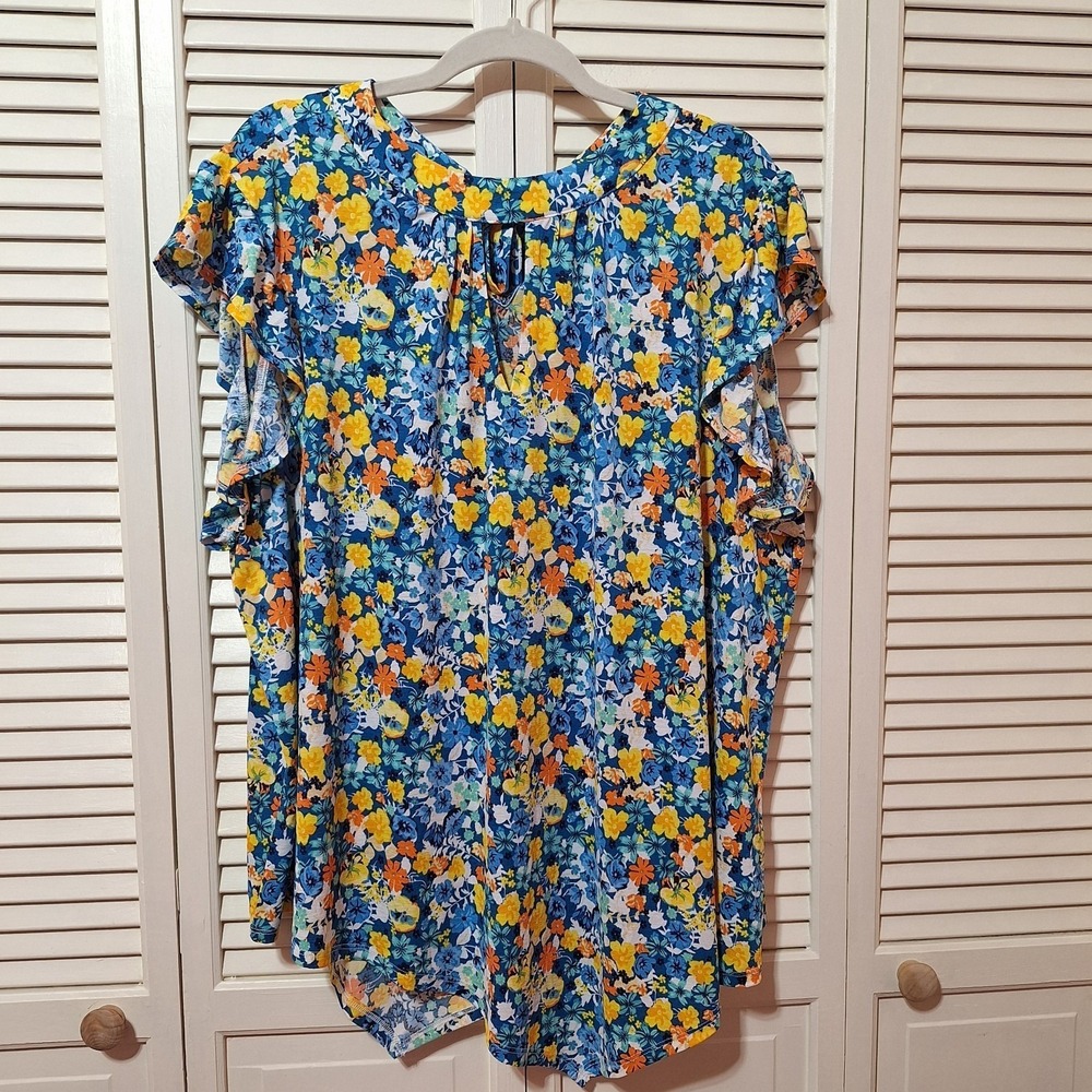 Cato Est 1948 Womens 22/24W Floral Print Top Tie Neck Ruffle Sleeve Stretch New